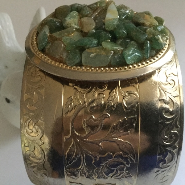 Chunky Green Stone Cuff Bracelet Bangle Etched Metal Hand Crafted Hippie Gift Retro Verdite Jade Chips St. Patrick Healing 60s