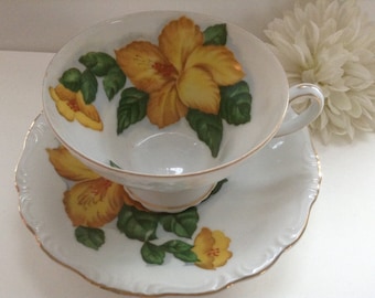 Chase Bone China Hand Painted Tea Cup & Saucer Floral Yellow Flowers 60s Japan Bone China Tea Garden Party Bridal Wedding Teacher Mother's