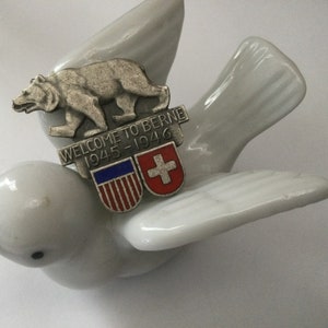 Welcome To Berne Pin 1945-1946 Enamel Silver Tone Flags USA Stripes Bear Switzerland Historical Memorabilia WWll Patriotic Collectible Gift