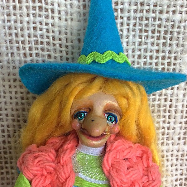 SALE 40% Off Mini Kitchen Witch OOAK (blonde hanging witch figurine with pointed hat and cupcake) Witches For Kitchens®