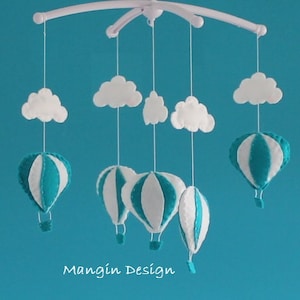 SALE Gorgeous white cloud and balloon mobile hot air balloon blue white decorations cot mobile balloon nursery decor musical cot mobile image 1