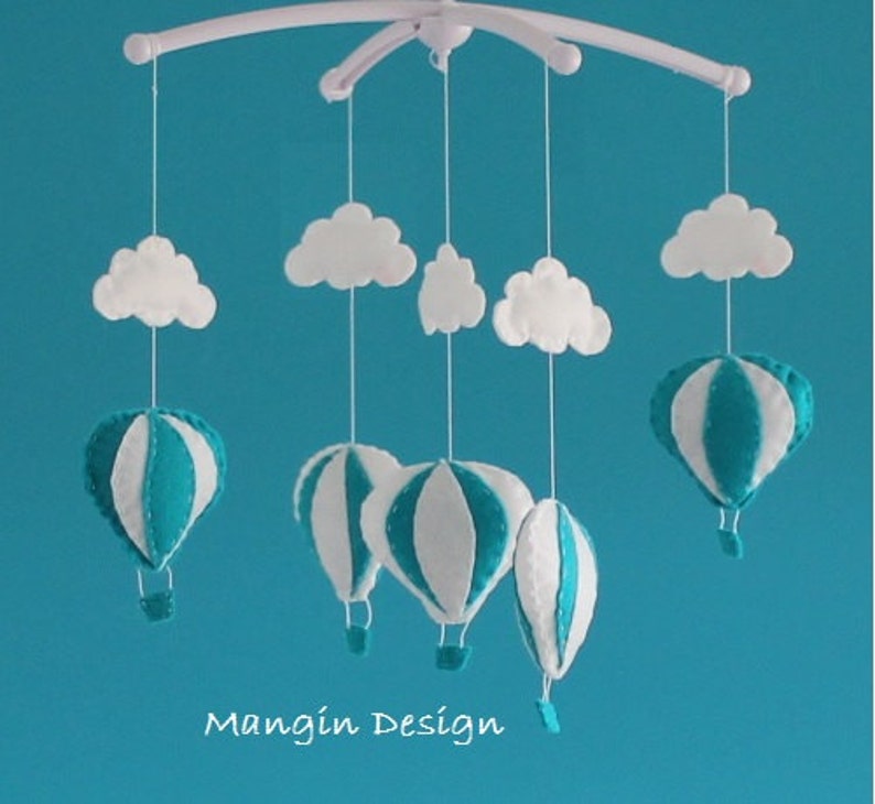 SALE Gorgeous white cloud and balloon mobile hot air balloon blue white decorations cot mobile balloon nursery decor musical cot mobile image 1