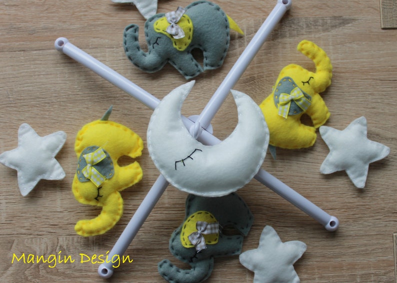 SALE Yellow and Grey Elephant Mobile Baby Cot Mobile Star Moon Elephant