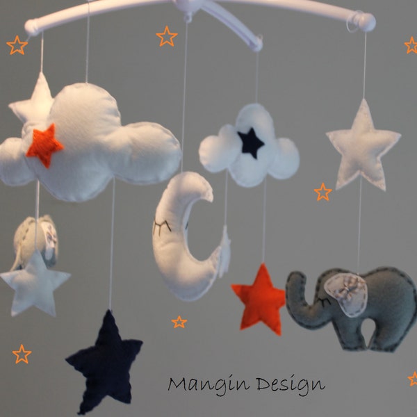 SALE!!! Grey white orange navy blue elephant cloud star musical mobile baby cot mobile grey white nursery decor elephant mobile star mobile