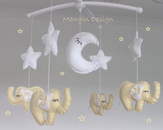 Venta Crema Y Elefante Blanco Bebe Musical Movil Estrella Etsy