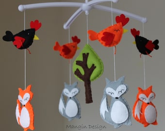 SALE! Woodland mobile musical farm cot mobile fox mobile woodland nursery decor fox hen chicken baby mobile