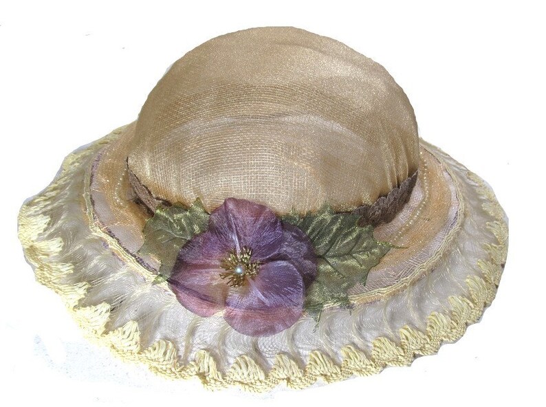 Fun Spring Style Hat Country Wedding Colorful Gift Purple Flower Hat Bridal Lace Hat Antique Lace Tea Party Fedora Yellow Brim Hat