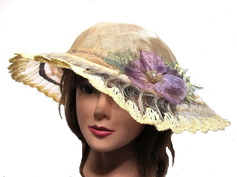 Fun Spring Style Hat Country Wedding Colorful Gift Purple Flower Hat Bridal Lace Hat Antique Lace Tea Party Fedora Yellow Brim Hat