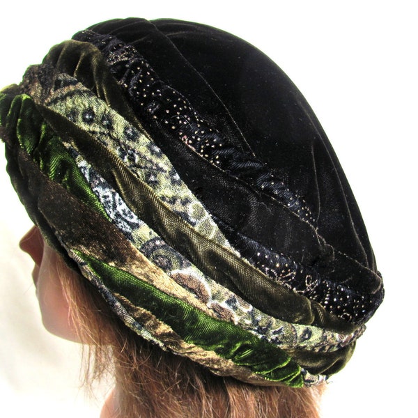 Green Brown Patchwork Beret Designer Wearable Art Velvet Hippie Hipster Hat Colorful Turban Soft Head Cover for Hair Loss Extra Extra Large