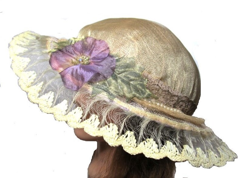 Fun Spring Style Hat Country Wedding Colorful Gift Purple Flower Hat Bridal Lace Hat Antique Lace Tea Party Fedora Yellow Brim Hat