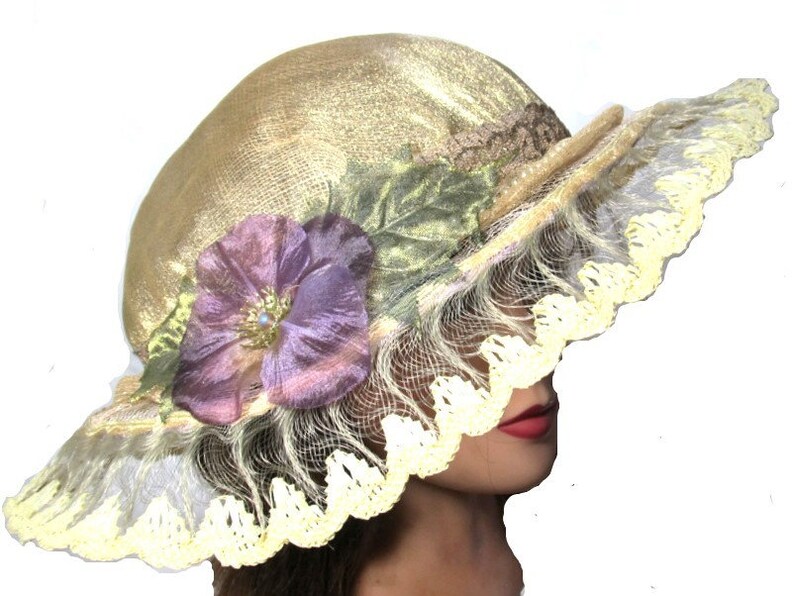Fun Spring Style Hat Country Wedding Colorful Gift Purple Flower Hat Bridal Lace Hat Antique Lace Tea Party Fedora Yellow Brim Hat