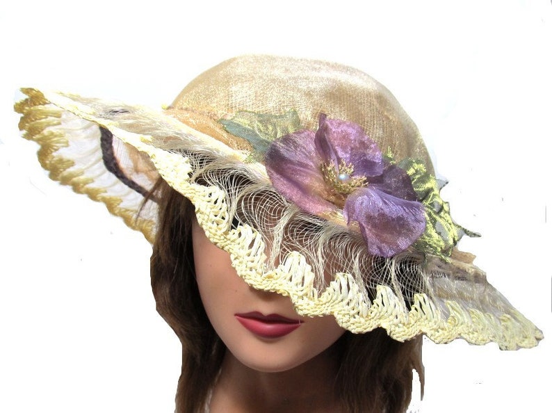 Fun Spring Style Hat Country Wedding Colorful Gift Purple Flower Hat Bridal Lace Hat Antique Lace Tea Party Fedora Yellow Brim Hat