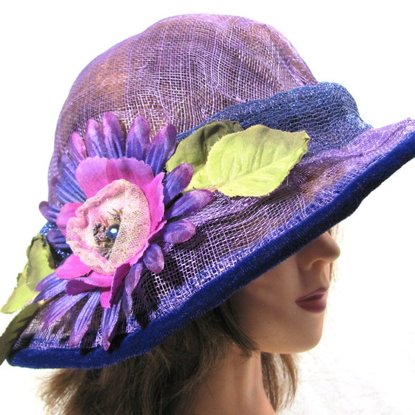 Velvet Edge Purple Summer Brim Hat Cool Air Circculation Spring Style Hat Colorful Country Bricesmaid Gift Hat Purple Pink Handmade Flower