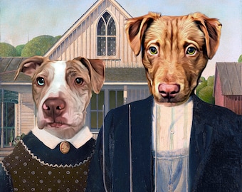 TWO Pet Portrait - American Gothic - Farmer and his Wife - Dog Portraits / Cat Portraits - Digital portrait painting using your Pet's Photo