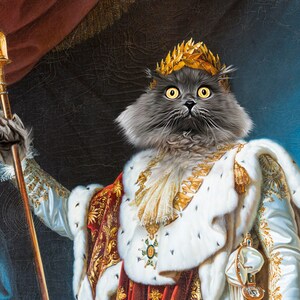 May include: A gray cat wearing a gold crown and a white and gold robe, holding a golden scepter with a double-headed eagle on top. The cat is looking directly at the viewer with a serious expression.