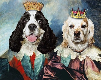 TWO Pet Portrait - Double Portrait of King Charles I - Dog Portraits and Cat Portraits - Digital portrait painting using your Pet's Photo