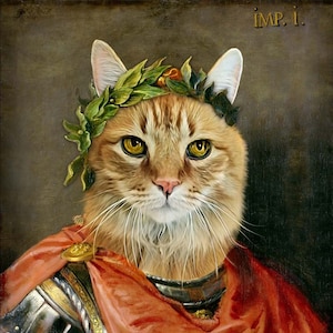Puede incluir: Un retrato de un gato con una corona de laurel y un traje romano rojo y dorado. El gato mira directamente al espectador. El texto "IMP. I." está escrito en la esquina superior derecha de la imagen.