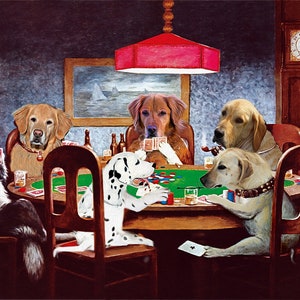 K&ouml;nnte beinhalten: Ein Gem&auml;lde, das f&uuml;nf Hunde zeigt, die an einem gr&uuml;nen Filztisch Karten spielen. Die Hunde tragen menschliche Kleidung und sitzen auf St&uuml;hlen. Auf dem Tisch stehen Gl&auml;ser mit Fl&uuml;ssigkeit und Spielkarten. Das Gem&auml;lde ist im realistischen Stil gehalten und spielt in einem schwach beleuchteten Raum.