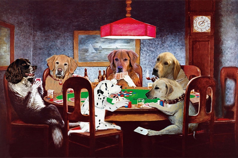 K&ouml;nnte beinhalten: Ein Gem&auml;lde, das f&uuml;nf Hunde zeigt, die an einem gr&uuml;nen Filztisch Karten spielen. Die Hunde tragen menschliche Kleidung und sitzen auf St&uuml;hlen. Auf dem Tisch stehen Gl&auml;ser mit Fl&uuml;ssigkeit und Spielkarten. Das Gem&auml;lde ist im realistischen Stil gehalten und spielt in einem schwach beleuchteten Raum.