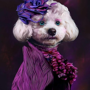 May include: A white dog wearing a purple and blue hat with a flower on top. The dog is also wearing a purple ruffled collar and a purple dress.