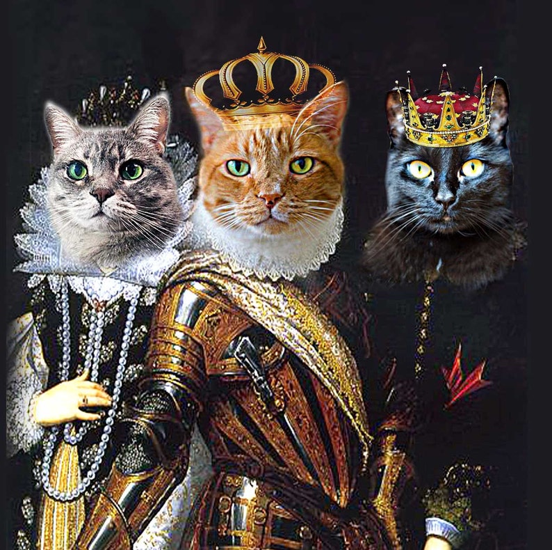 K&ouml;nnte beinhalten: Drei Katzen, die als K&ouml;nige verkleidet sind. Eine graue getigerte Katze mit einer Perlenkette und einer Krone, eine orangefarbene getigerte Katze mit einer goldenen Krone und eine schwarze Katze mit einer rot-goldenen Krone.