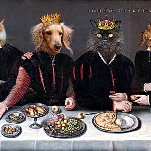 K&ouml;nnte beinhalten: Ein Gem&auml;lde, das vier Tiere zeigt, eine Katze, einen Hund und zwei Dackel, die in k&ouml;niglicher Kleidung an einem Tisch mit Essen sitzen. Die Katze und ein Dackel tragen goldene Kronen. Die Tiere schauen alle den Betrachter an. Das Gem&auml;lde spielt in einem dunklen Raum im mittelalterlichen Stil.