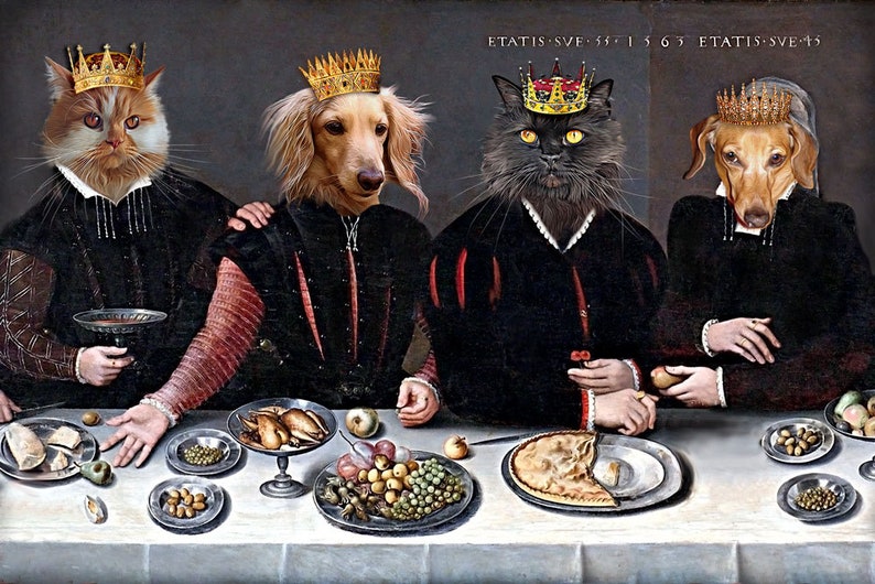 K&ouml;nnte beinhalten: Ein Gem&auml;lde, das vier Tiere zeigt, eine Katze, einen Hund und zwei Dackel, die in k&ouml;niglicher Kleidung an einem Tisch mit Essen sitzen. Die Katze und ein Dackel tragen goldene Kronen. Die Tiere schauen alle den Betrachter an. Das Gem&auml;lde spielt in einem dunklen Raum im mittelalterlichen Stil.