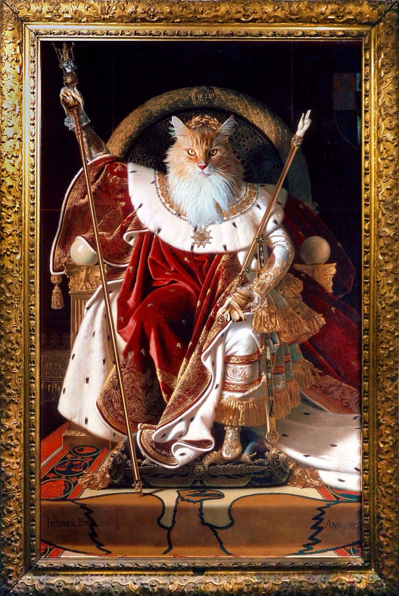 K&ouml;nnte beinhalten: Ein Gem&auml;lde eines als K&ouml;nig verkleideten Katers, der auf einem Thron mit Krone und Zepter sitzt. Die Katze tr&auml;gt eine rote und goldene Robe und einen wei&szlig;en Hermelin-Kragen. Das Gem&auml;lde ist in einem goldenen Rahmen gefasst.