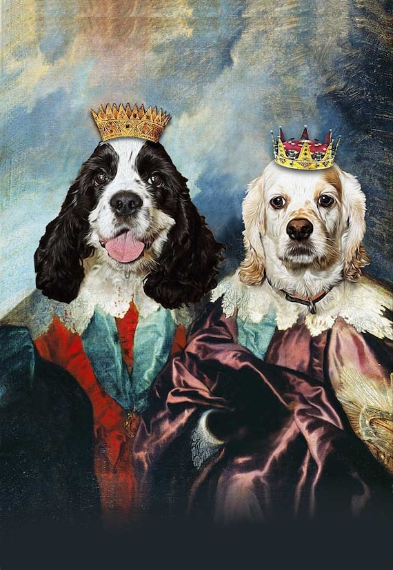 TWO Pet Portrait - Double Portrait of King Charles I - Dog Portraits and Cat Portraits - Digital portrait painting using your Pet's Photo