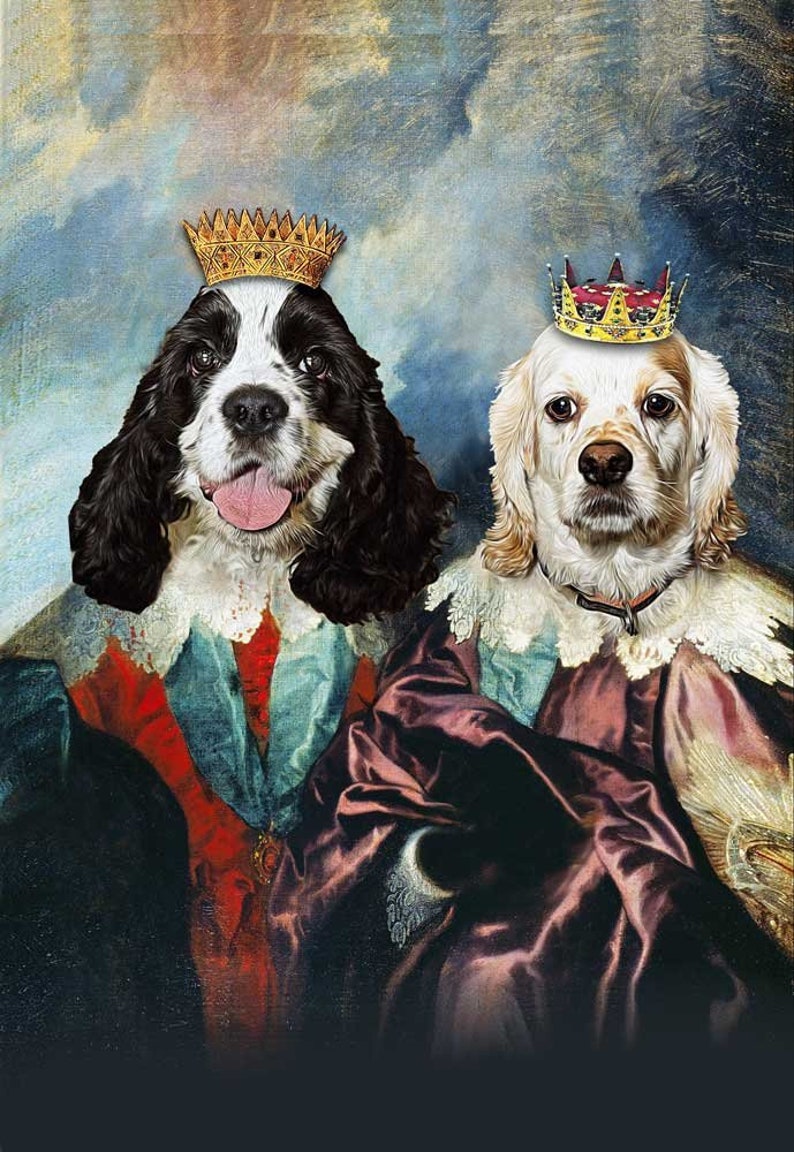 TWO Pet Portrait - Double Portrait of King Charles I - Dog Portraits and Cat Portraits - Digital portrait painting using your Pet's Photo image 1