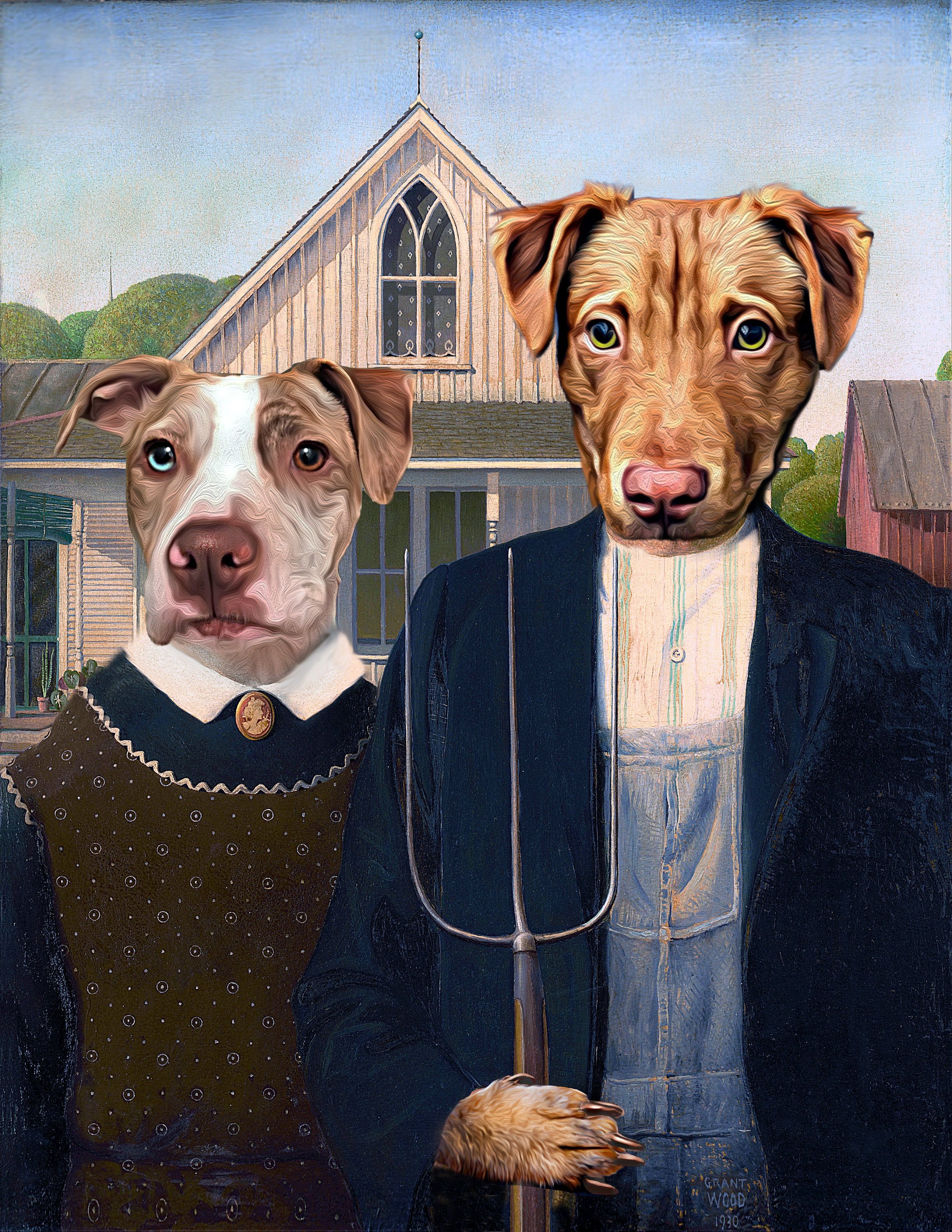 TWO Pet Portrait American Gothic Farmer and His Wife Dog Portraits