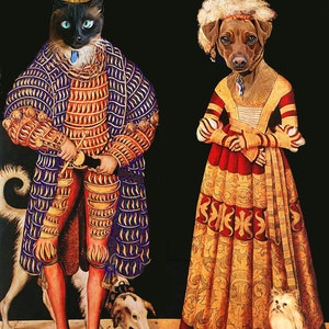 K&ouml;nnte beinhalten: Eine schwarze Katze mit einer goldenen Krone und einem blauen und goldenen gemusterten Gewand steht neben einem braunen Hund, der einen wei&szlig;en Pelz Hut und ein rotes und goldenes gemustertes Kleid tr&auml;gt. Beide Tiere halten ein Zepter in ihren Pfoten. Die Katze steht auf einer braunen Oberfl&auml;che mit einem wei&szlig;en Hund, der vor ihr liegt. Der Hund steht auf einer goldenen Oberfl&auml;che mit einem wei&szlig;en Hund, der vor ihr sitzt.