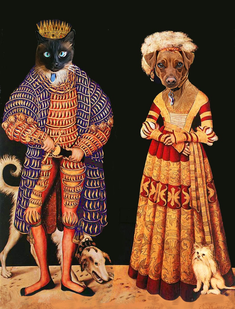 K&ouml;nnte beinhalten: Eine schwarze Katze mit einer goldenen Krone und einem blauen und goldenen gemusterten Gewand steht neben einem braunen Hund, der einen wei&szlig;en Pelz Hut und ein rotes und goldenes gemustertes Kleid tr&auml;gt. Beide Tiere halten ein Zepter in ihren Pfoten. Die Katze steht auf einer braunen Oberfl&auml;che mit einem wei&szlig;en Hund, der vor ihr liegt. Der Hund steht auf einer goldenen Oberfl&auml;che mit einem wei&szlig;en Hund, der vor ihr sitzt.