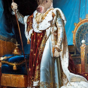 May include: A dog wearing a crown and a white fur-trimmed robe, holding a staff, stands in a regal setting. The dog is surrounded by rich fabrics and gold accents, creating a sense of grandeur.