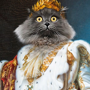 May include: A gray cat wearing a gold crown and a white fur-trimmed robe with gold accents. The cat has a serious expression and is looking directly at the viewer.