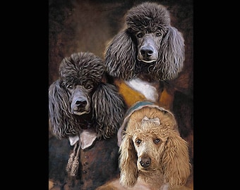 May include: A painting of three poodle dogs. Two of the poodles are black with fluffy fur and the third poodle is light brown with fluffy fur. The poodles are looking at the viewer.