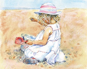 Beach dreams. Giclee print of little girl in summer dress, playing on the beach.