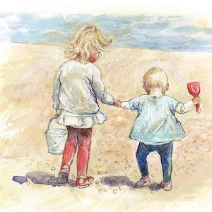 Beste Freunde. Schwestern am Strand. Kunstdruck und Karte
