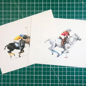 Guide to polo in colour. A fourth set of four A5 giclee prints including Hooking, Nearside backhand and Woman polo player.