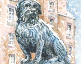 Greyfriars Bobby in the snow. Giclee print of original watercolour and pencil drawing of the famous statue in Edinburgh..