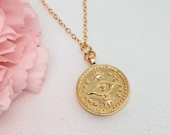 Evil eye necklace Gold coin necklace Eye necklace Medallion necklace Evil eye pendant Protection necklace Amulet necklace Gold evil eye