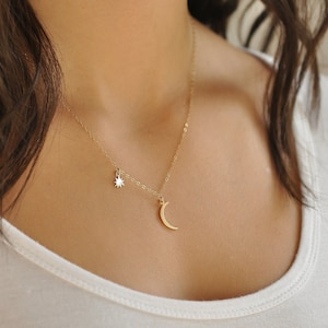Moon and Star Necklace Crescent Moon Necklace Dainty Moon Necklace, Gold Silver Simple Layering Necklace Sorority Gift Tiny Boho Celestial