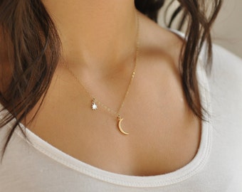 Moon and Star Necklace Crescent Moon Necklace Dainty Moon Necklace, Gold Silver Simple Layering Necklace Sorority Gift Tiny Boho Celestial