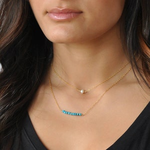 Turquoise bead bar necklace Gemstone bar necklace Simple boho layering Delicate Dainty December birthstone Gold Silver chain Everyday NS76
