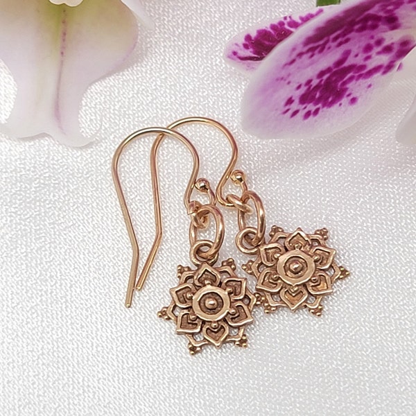 Lotus earrings Mandala earrings Tiny flower dangle for bridesmaid in bronze and gold Boho drop Zen Yoga gift  Hippie tribal ethnic style