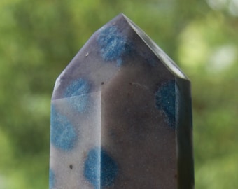Trolleite, Lazulite  and Lepidolite in a Quartzite matrix, polished point, Brazil ~ interior design ~ Throat chakra, third eye