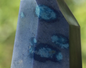 Trolleite and Lazulite in a Quartzite matrix, polished point, Brazil ~ Light blue orbs of color surrounded by deep indigo circles
