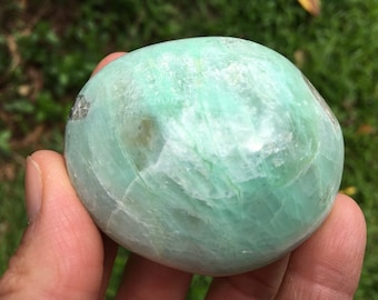 Garnierite palm stone, Madagascar ~ mint green and white ~ new mineral ~ chatoyant and vibrant color