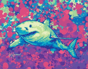 Estampado de tiburón blanco / Ilustración oceánica colorida