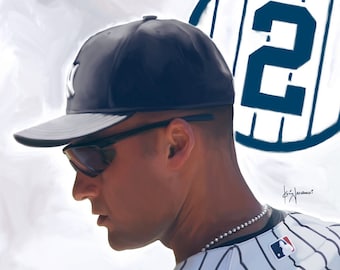 Puede incluir: Un jugador de béisbol con un jersey a rayas blancas y negras, una gorra de béisbol azul marino y gafas de sol. El jersey tiene un logotipo de béisbol en la espalda. El jugador está de pie frente a un fondo blanco con un círculo azul con el número "2" en él.